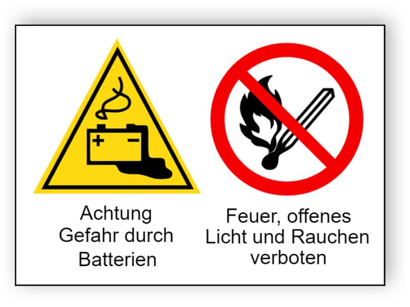 Achtung Gefahr durch Batterien / Feuer, offenes Licht und Rauchen verboten