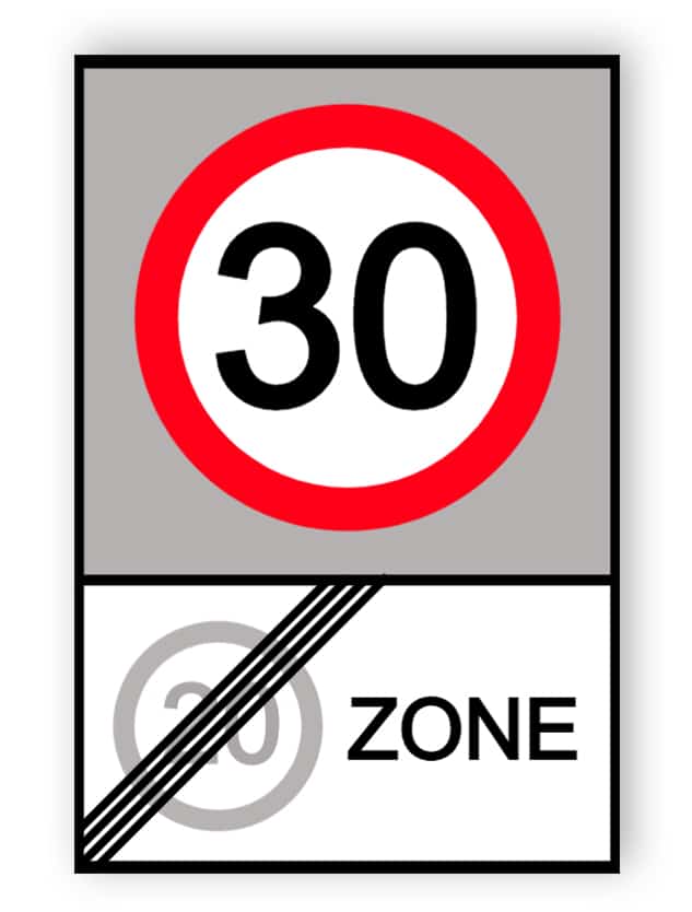 Ende von 20 Meilen pro Stunde Zone und starten von 30 Meilen pro Stunde Zone Zeichen